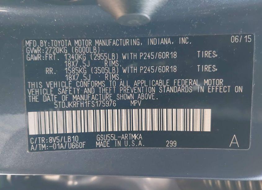 Photo 9 of 2015 Toyota Highlander XLE V6 (VIN 5TDJKRFH1FS175976)