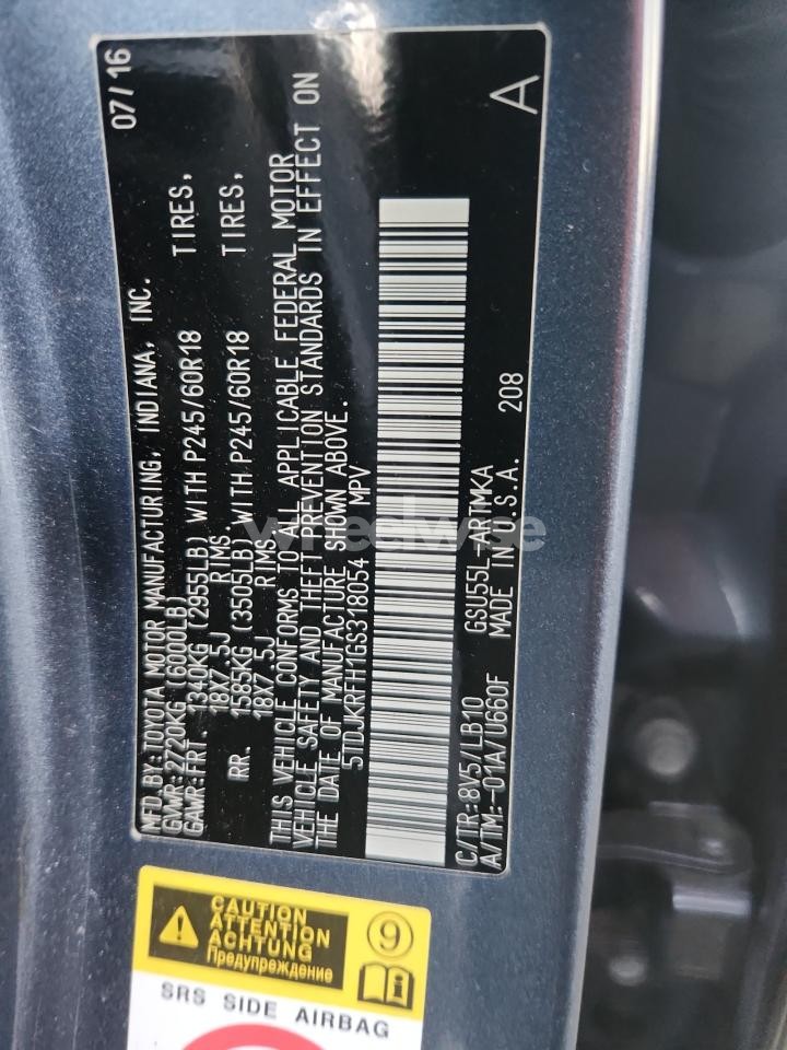 Photo 13 of 2016 TOYOTA HIGHLANDER XLE (VIN 5TDJKRFH1GS318054)