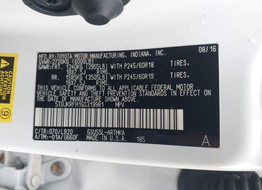 Photo 9 of 2016 Toyota Highlander XLE V6 (VIN 5TDJKRFH1GS319981)