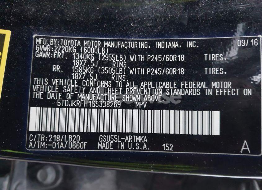 Photo 9 of 2016 Toyota Highlander XLE V6 (VIN 5TDJKRFH1GS338269)