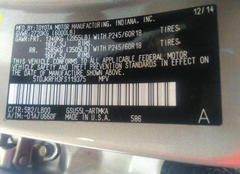 Photo 9 of 2015 Toyota Highlander XLE V6 (VIN 5TDJKRFH3FS119375)