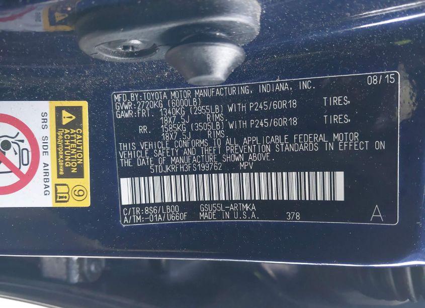 Photo 9 of 2015 Toyota Highlander XLE V6 (VIN 5TDJKRFH3FS199762)