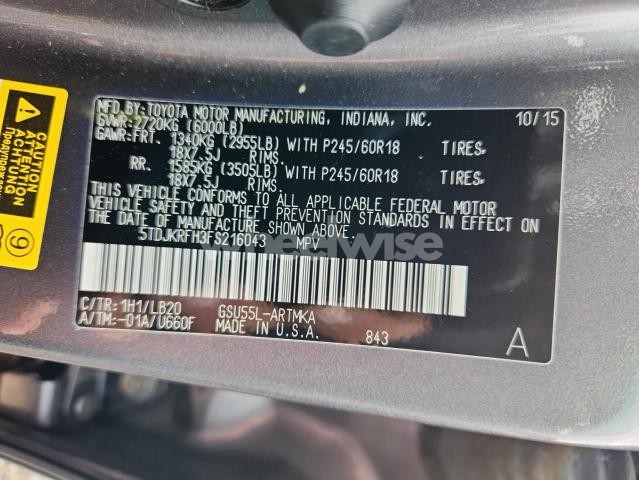 Photo 10 of 2015 TOYOTA HIGHLANDER XLE (VIN 5TDJKRFH3FS216043)