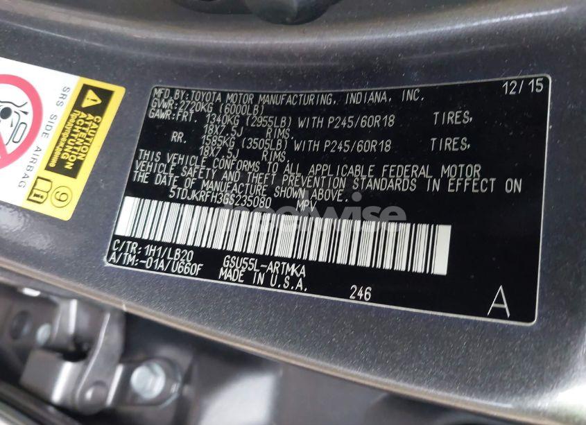 Photo 9 of 2016 Toyota Highlander XLE V6 (VIN 5TDJKRFH3GS235080)