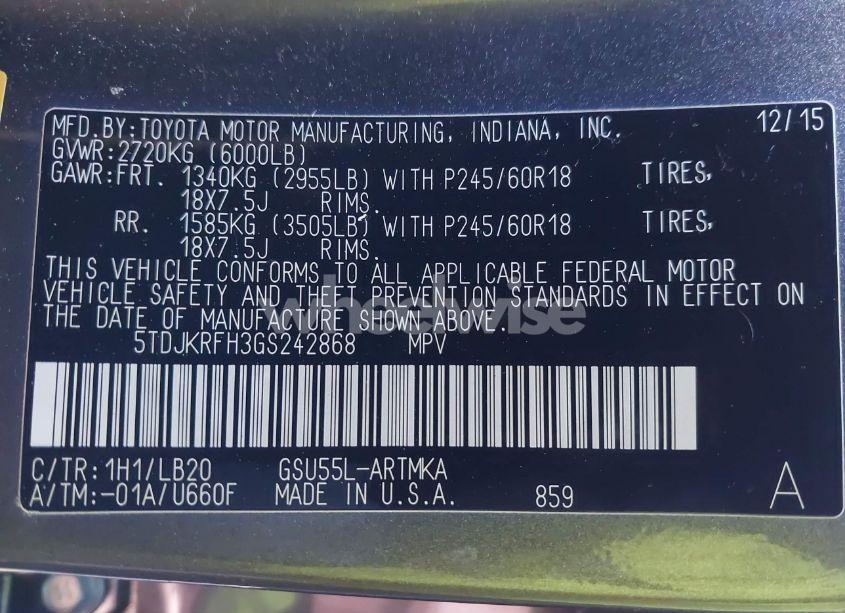 Photo 9 of 2016 Toyota Highlander XLE V6 (VIN 5TDJKRFH3GS242868)