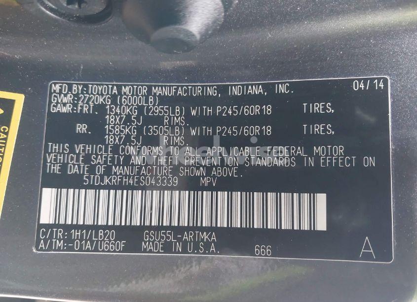 Photo 9 of 2014 Toyota Highlander XLE V6 (VIN 5TDJKRFH4ES043339)