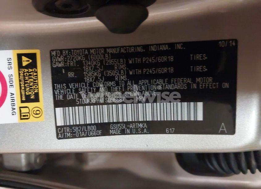 Photo 9 of 2015 Toyota Highlander XLE V6 (VIN 5TDJKRFH4FS096687)