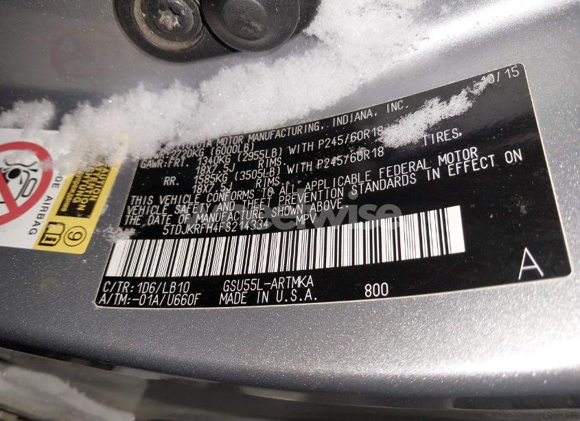 Photo 9 of 2015 Toyota Highlander XLE V6 (VIN 5TDJKRFH4FS214334)