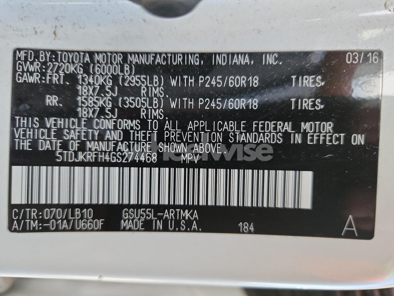 Photo 14 of 2016 TOYOTA HIGHLANDER XLE (VIN 5TDJKRFH4GS274468)