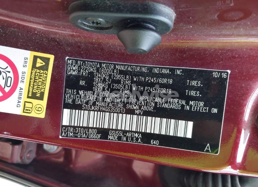 Photo 9 of 2016 Toyota Highlander XLE V6 (VIN 5TDJKRFH4GS350013)