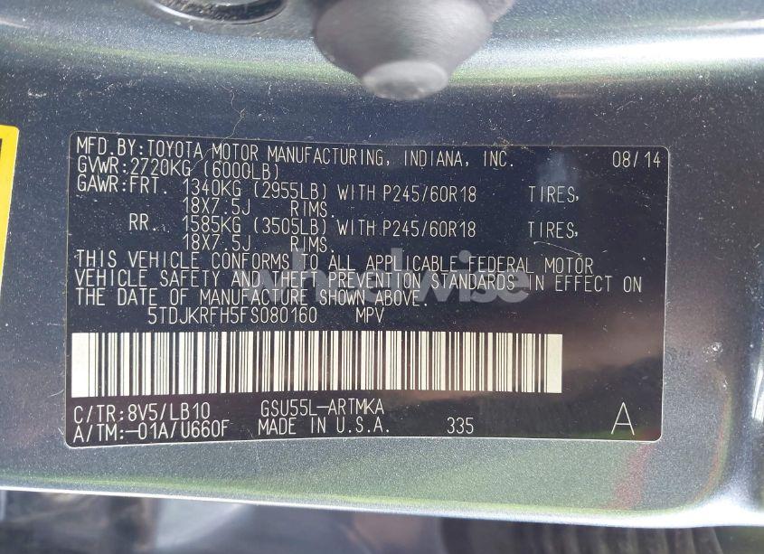 Photo 9 of 2015 Toyota Highlander XLE V6 (VIN 5TDJKRFH5FS080160)