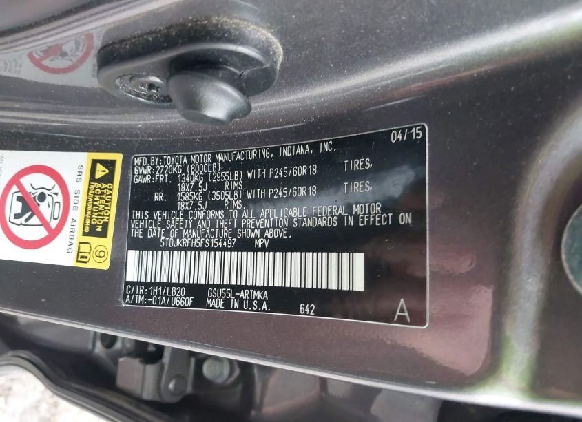 Photo 9 of 2015 Toyota Highlander XLE V6 (VIN 5TDJKRFH5FS154497)