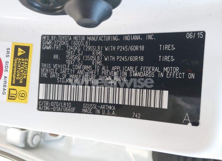 Photo 9 of 2015 Toyota Highlander XLE V6 (VIN 5TDJKRFH5FS181408)