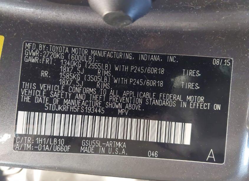 Photo 9 of 2015 Toyota Highlander XLE V6 (VIN 5TDJKRFH5FS193445)