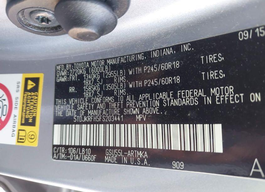 Photo 9 of 2015 Toyota Highlander XLE V6 (VIN 5TDJKRFH5FS203441)