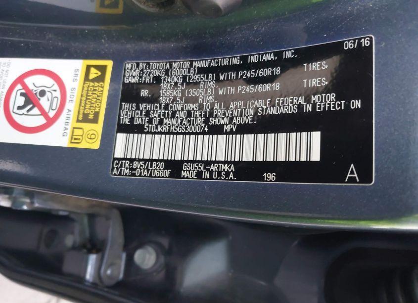 Photo 9 of 2016 Toyota Highlander XLE V6 (VIN 5TDJKRFH5GS300074)