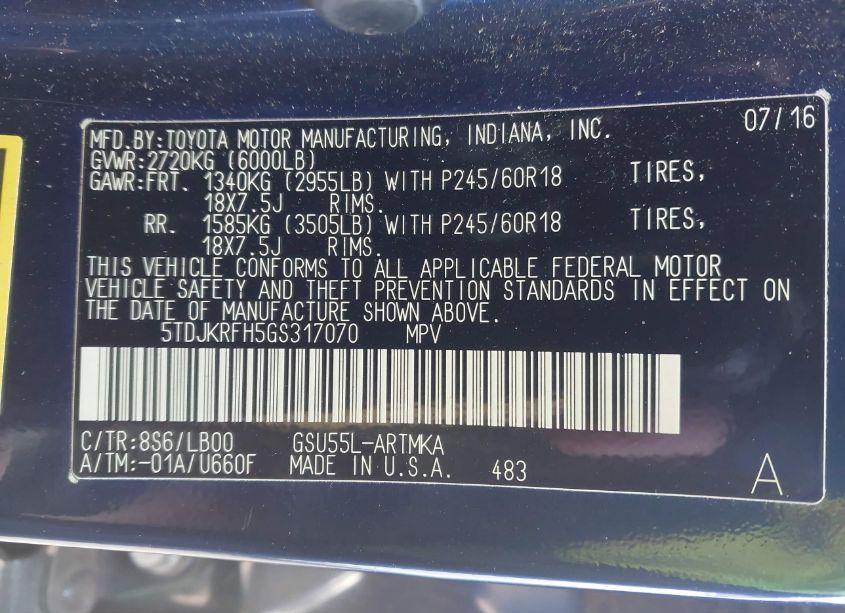 Photo 9 of 2016 Toyota Highlander XLE V6 (VIN 5TDJKRFH5GS317070)