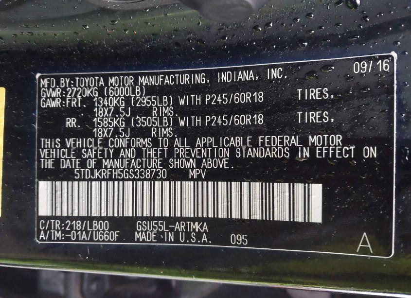 Photo 9 of 2016 Toyota Highlander XLE V6 (VIN 5TDJKRFH5GS338730)