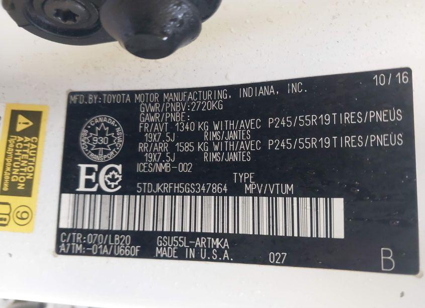 Photo 9 of 2016 Toyota Highlander XLE (VIN 5TDJKRFH5GS347864)