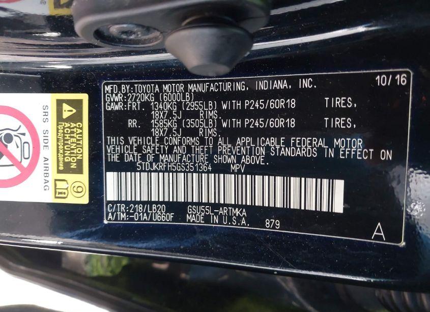 Photo 9 of 2016 Toyota Highlander XLE V6 (VIN 5TDJKRFH5GS351364)