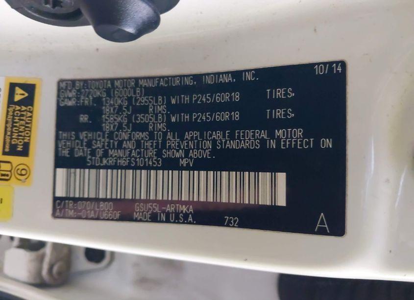 Photo 9 of 2015 Toyota Highlander XLE V6 (VIN 5TDJKRFH6FS101453)