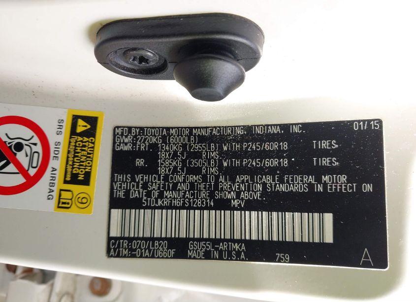 Photo 9 of 2015 Toyota Highlander XLE V6 (VIN 5TDJKRFH6FS128314)