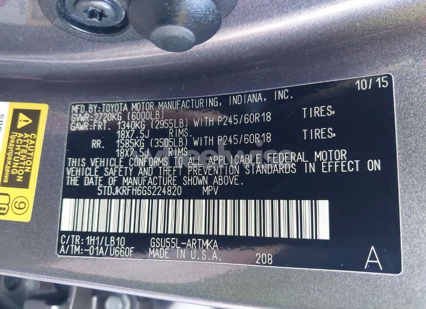 Photo 9 of 2016 Toyota Highlander XLE V6 (VIN 5TDJKRFH6GS224820)