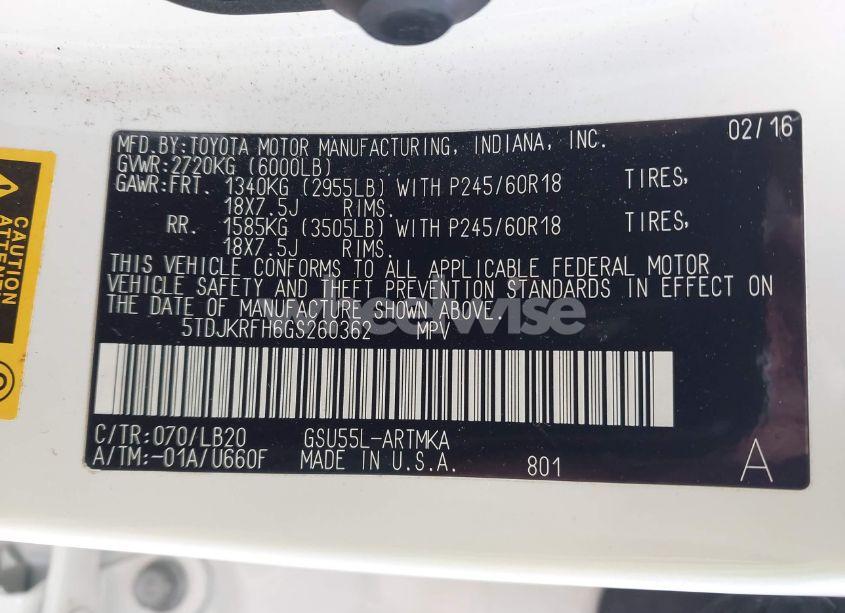 Photo 9 of 2016 Toyota Highlander XLE V6 (VIN 5TDJKRFH6GS260362)