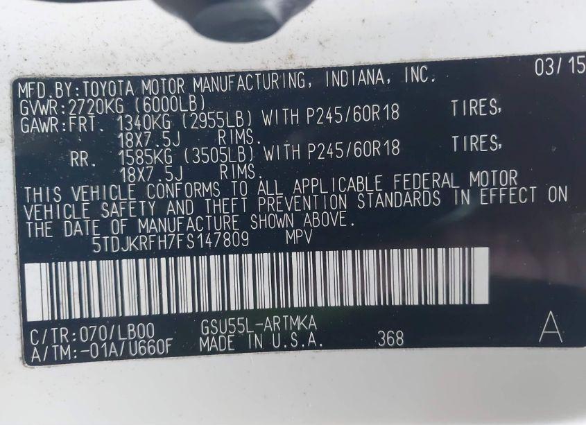 Photo 9 of 2015 Toyota Highlander XLE (VIN 5TDJKRFH7FS147809)