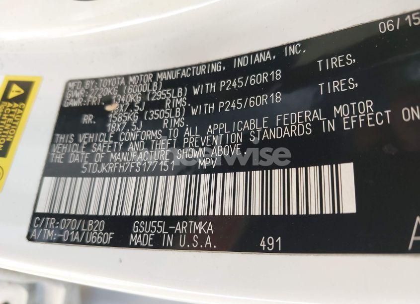 Photo 9 of 2015 Toyota Highlander XLE V6 (VIN 5TDJKRFH7FS177151)