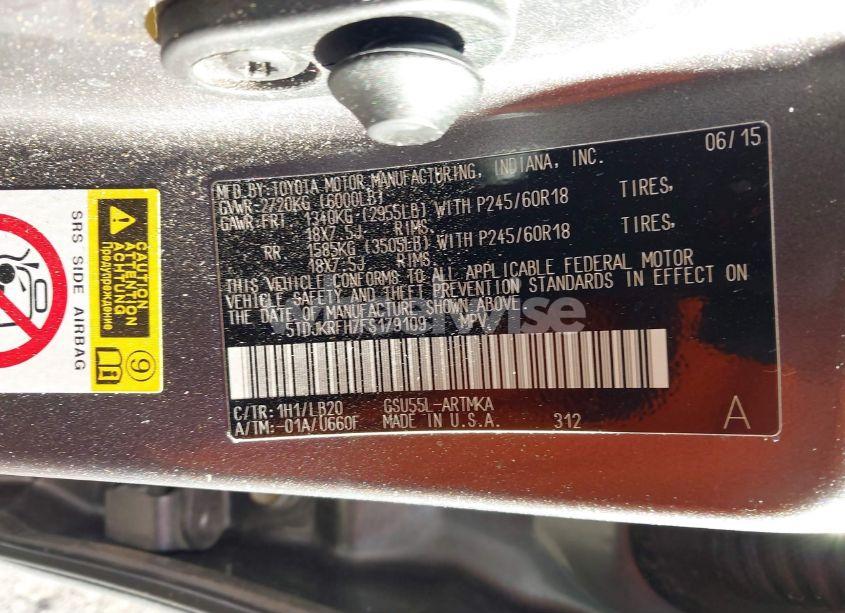 Photo 9 of 2015 Toyota Highlander XLE V6 (VIN 5TDJKRFH7FS179109)