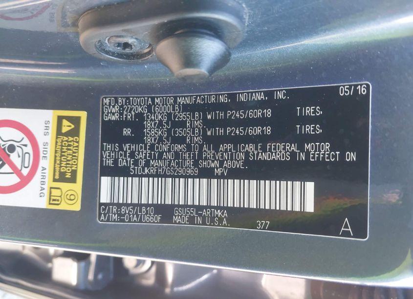 Photo 9 of 2016 Toyota Highlander XLE V6 (VIN 5TDJKRFH7GS290969)