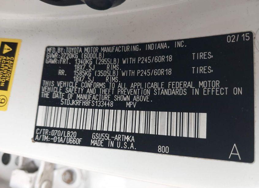 Photo 9 of 2015 Toyota Highlander XLE V6 (VIN 5TDJKRFH8FS133448)