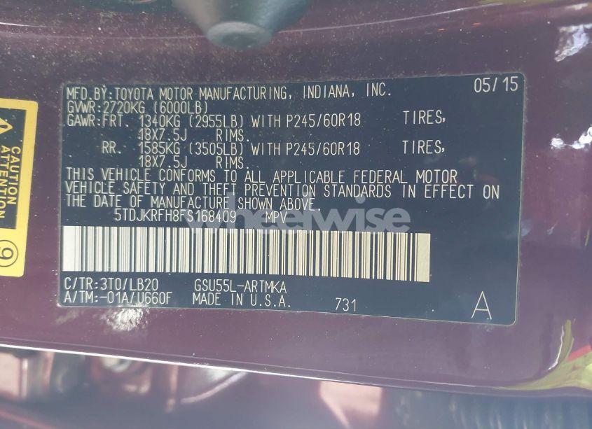 Photo 9 of 2015 Toyota Highlander XLE V6 (VIN 5TDJKRFH8FS168409)