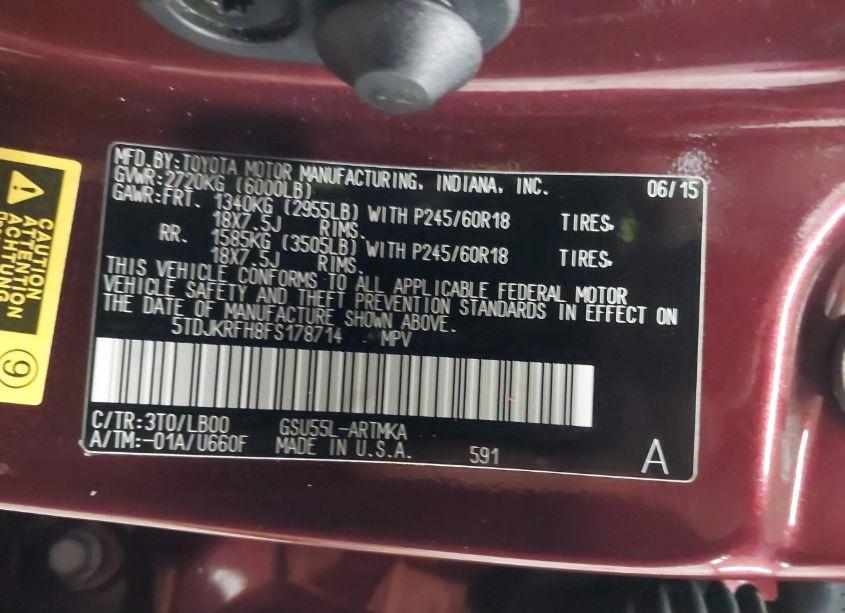 Photo 9 of 2015 Toyota Highlander XLE V6 (VIN 5TDJKRFH8FS178714)