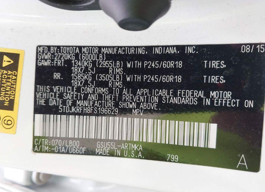 Photo 9 of 2015 Toyota Highlander XLE V6 (VIN 5TDJKRFH8FS196629)