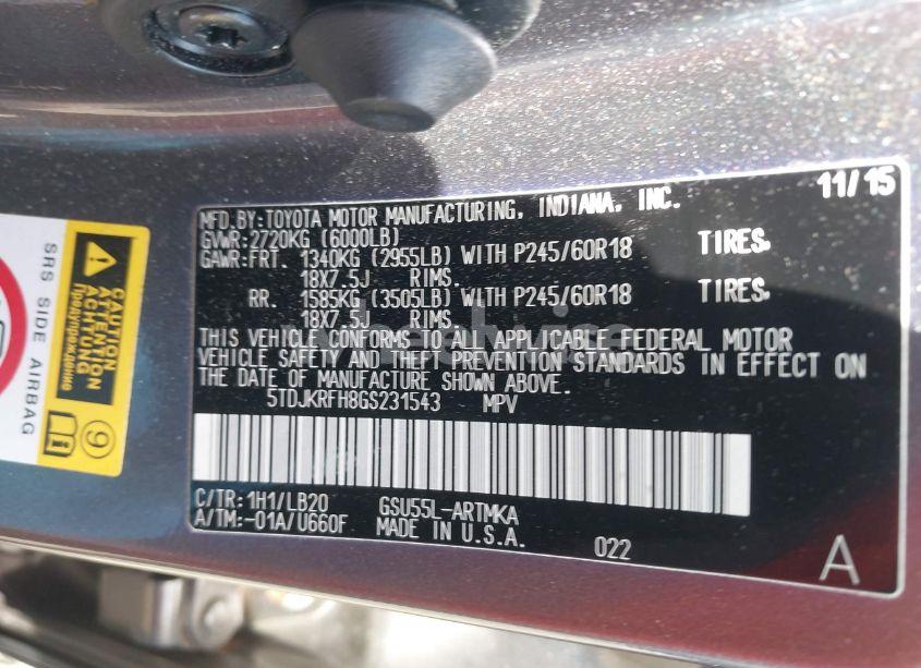 Photo 9 of 2016 Toyota Highlander XLE V6 (VIN 5TDJKRFH8GS231543)