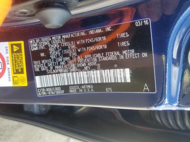 Photo 4 of 2016 TOYOTA HIGHLANDER XLE (VIN 5TDJKRFH8GS275901)