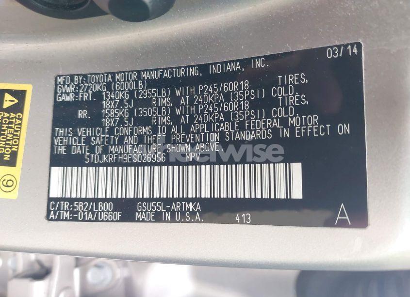 Photo 9 of 2014 Toyota Highlander XLE V6 (VIN 5TDJKRFH9ES026956)