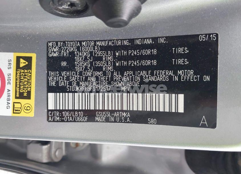 Photo 9 of 2015 Toyota Highlander XLE V6 (VIN 5TDJKRFH9FS172517)