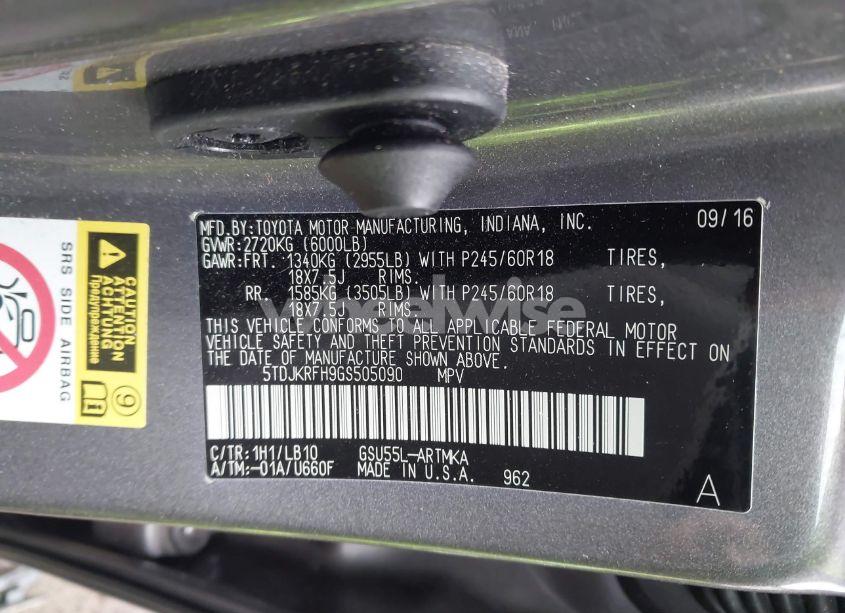 Photo 9 of 2016 Toyota Highlander XLE V6 (VIN 5TDJKRFH9GS505090)