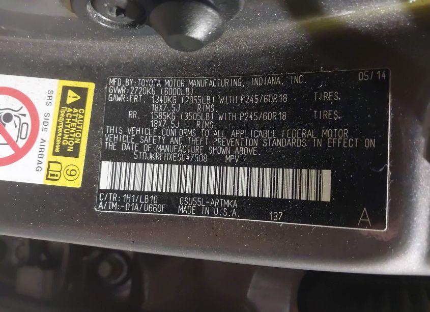 Photo 9 of 2014 Toyota Highlander XLE V6 (VIN 5TDJKRFHXES047508)