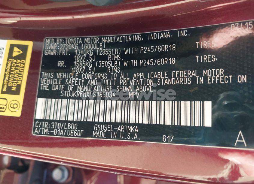 Photo 9 of 2015 Toyota Highlander XLE V6 (VIN 5TDJKRFHXFS185034)