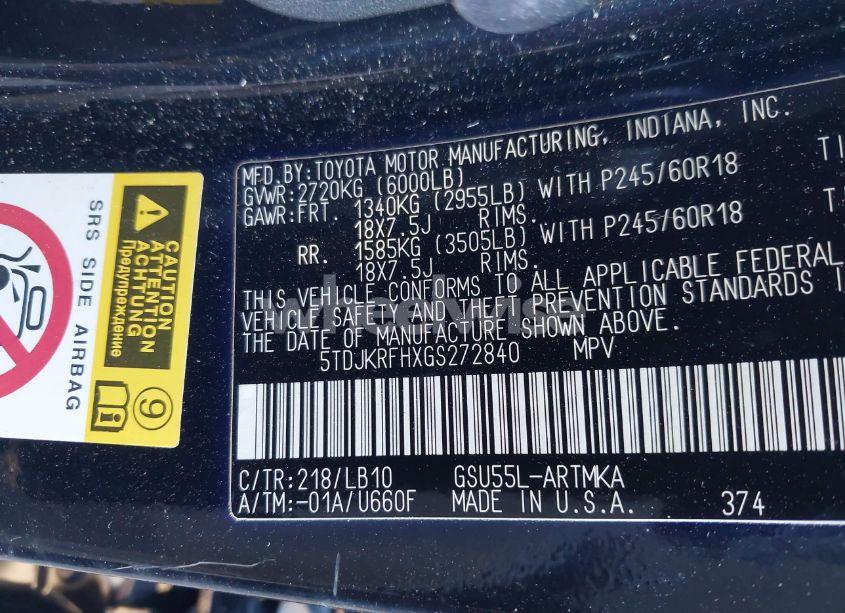 Photo 9 of 2016 Toyota Highlander XLE V6 (VIN 5TDJKRFHXGS272840)