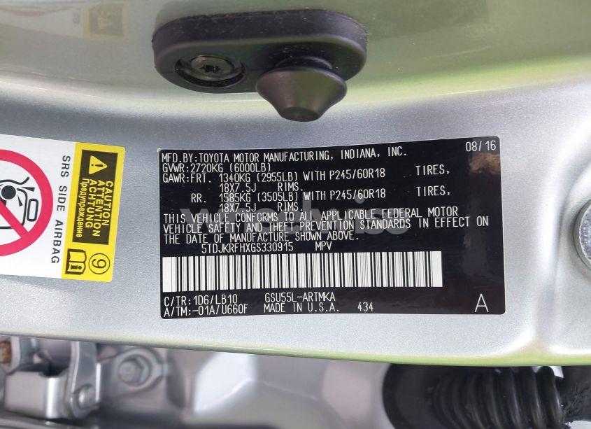 Photo 9 of 2016 Toyota Highlander XLE V6 (VIN 5TDJKRFHXGS330915)