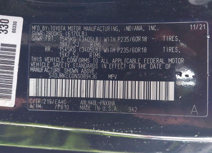 Photo 9 of 2022 Toyota Sienna XLE (VIN 5TDJRKEC0NS089436)