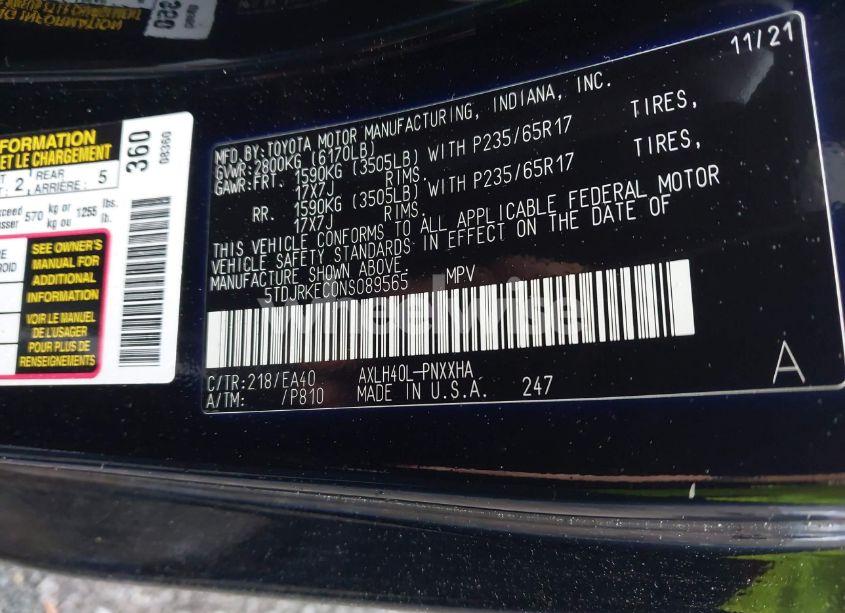 Photo 9 of 2022 Toyota Sienna XLE (VIN 5TDJRKEC0NS089565)