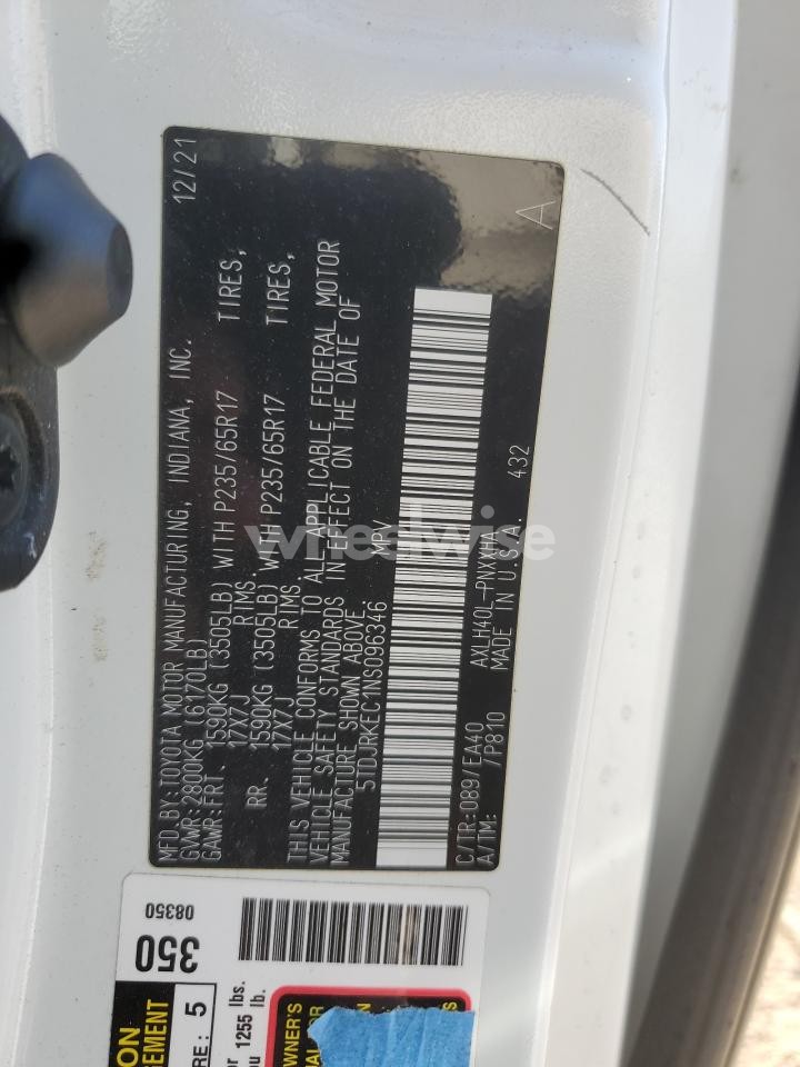 Photo 12 of 2022 TOYOTA SIENNA XLE (VIN 5TDJRKEC1NS096346)