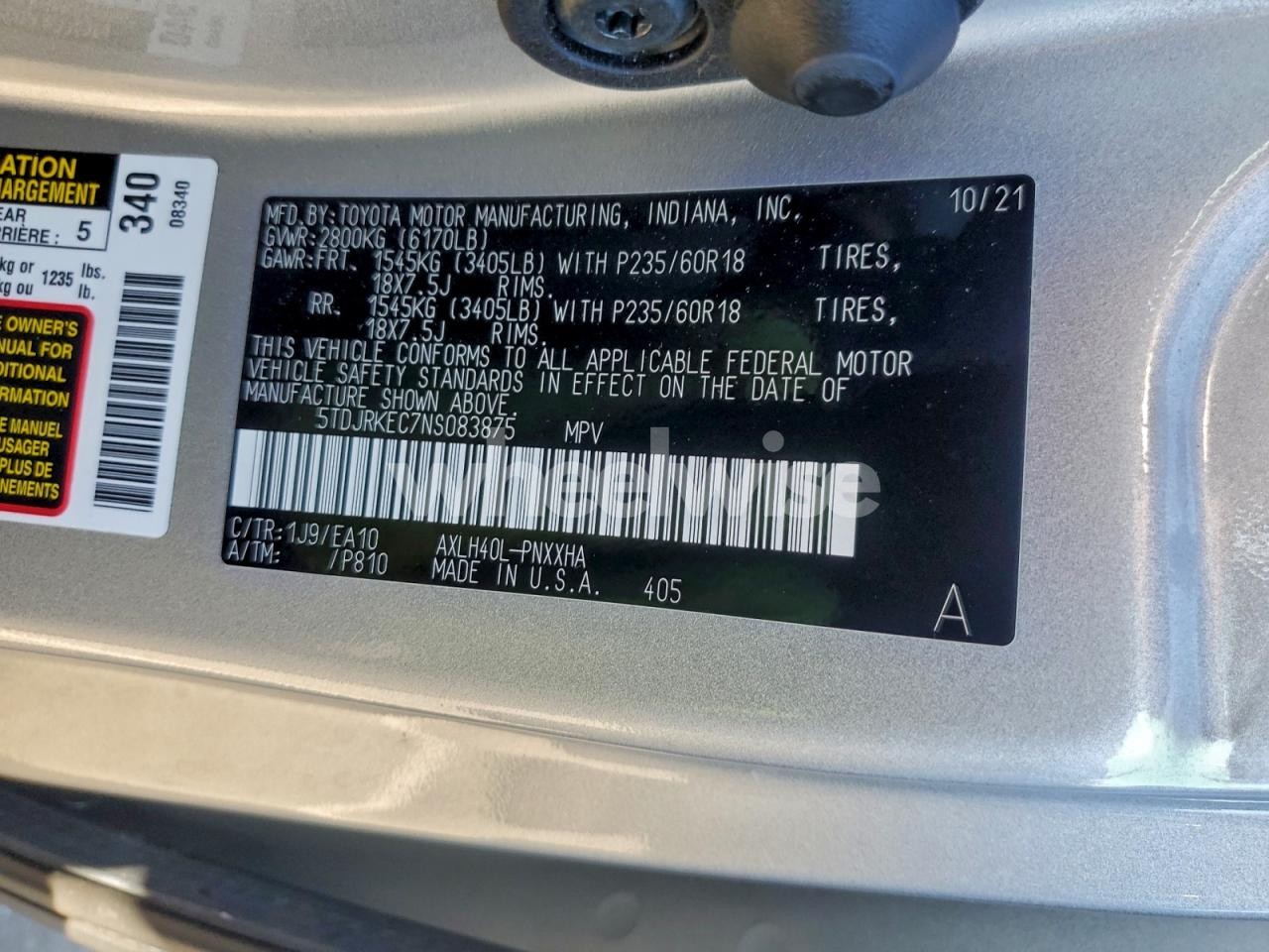 Photo 12 of 2022 TOYOTA SIENNA XLE (VIN 5TDJRKEC7NS083875)