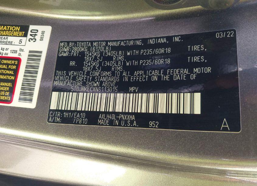 Photo 9 of 2022 Toyota Sienna XLE (VIN 5TDJRKECXNS113015)